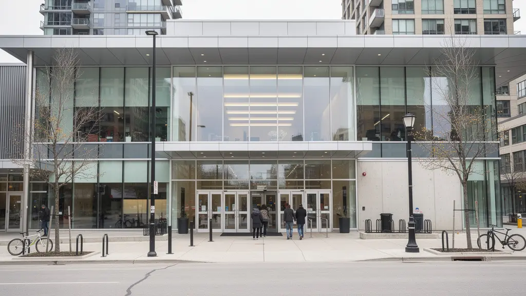 Entrée d'un centre de conférences moderne à Montréal lieu événement professionnel assuré