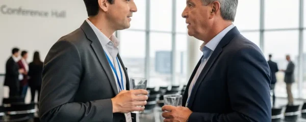 Professionnels québécois discutant lors d'une pause café événement corporatif