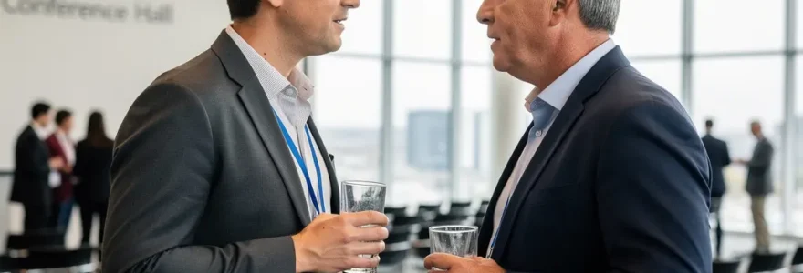 Professionnels québécois discutant lors d'une pause café événement corporatif