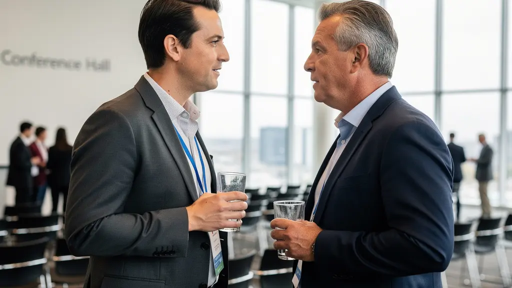 Professionnels québécois discutant lors d'une pause café événement corporatif