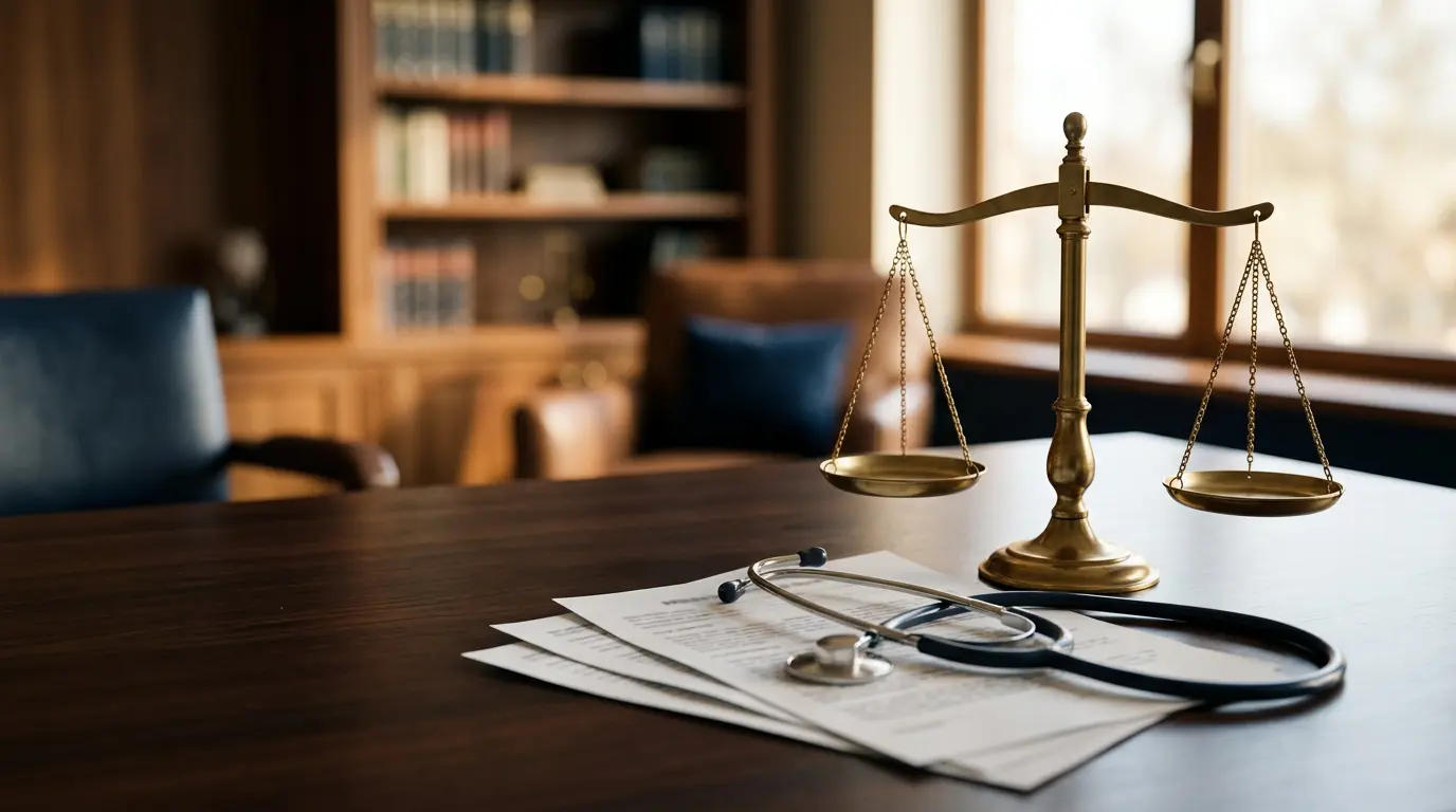 Scène évocatrice montrant un expert médical examinant des documents d'indemnisation dans un environnement professionnel avec symboles de justice et de santé