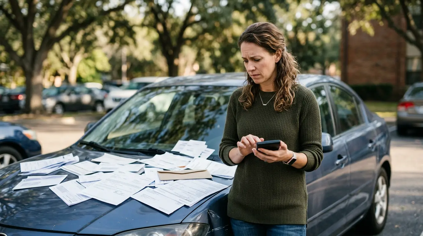 Conducteur perplexe face à une facture d'assurance avec calculatrice et documents