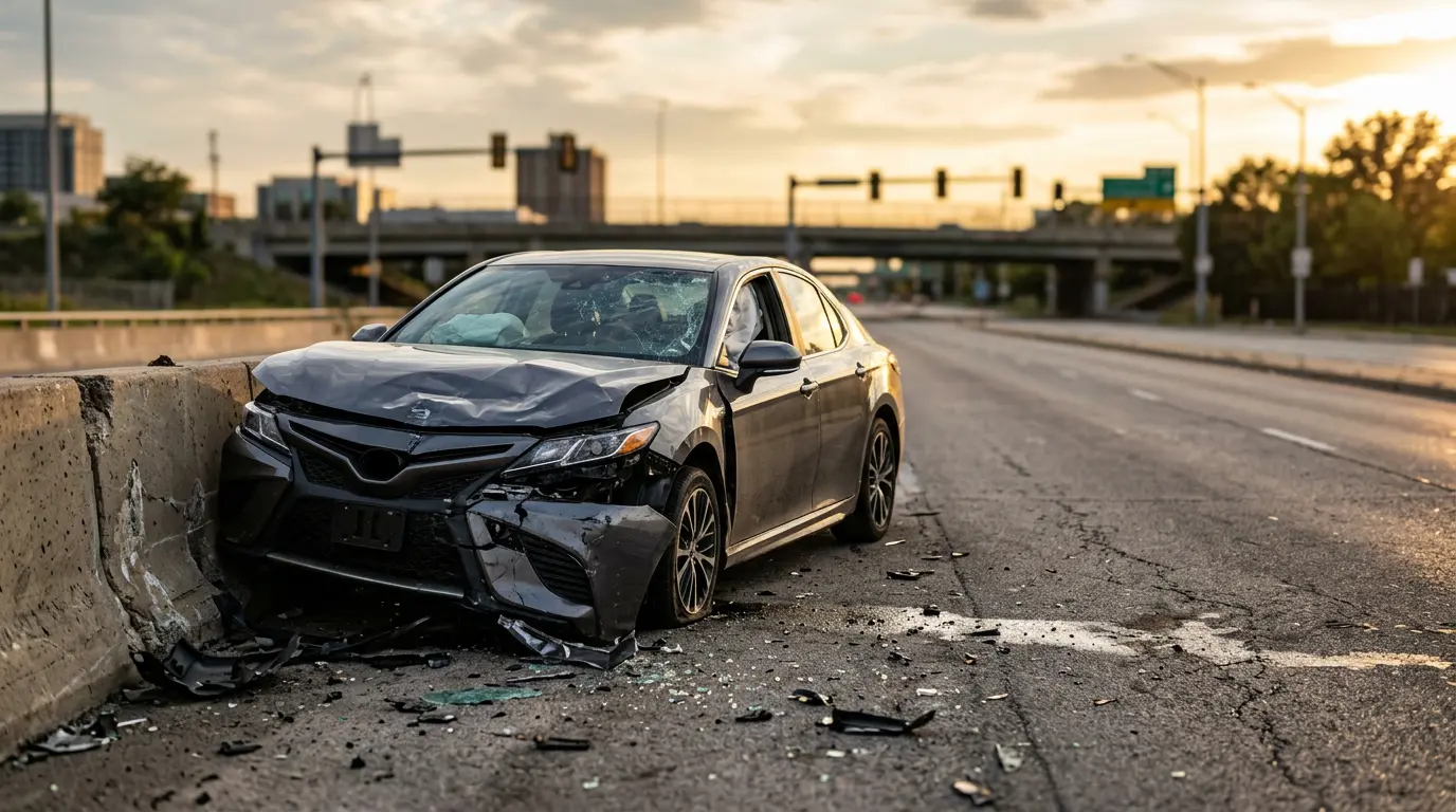 Véhicule accidenté contre un mur avec dégâts importants sur l'avant du capot