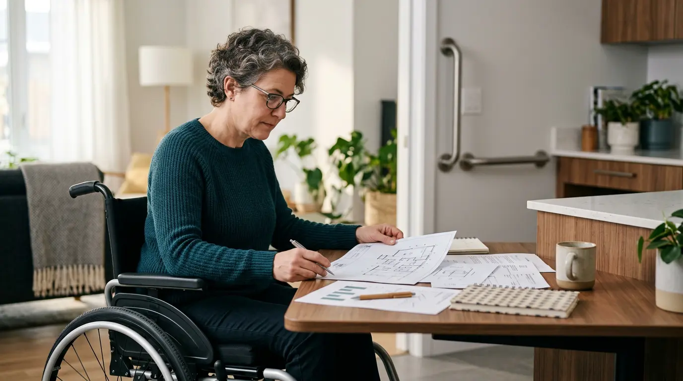 Personne en fauteuil roulant consultant des documents financiers dans un intérieur adapté avec rampes d'accès et équipements spécialisés