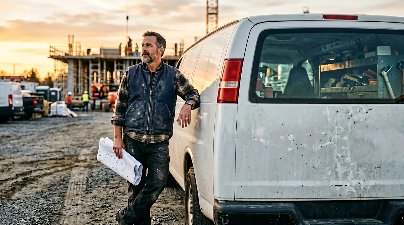 Artisan analysant son véhicule utilitaire avec des documents d'assurance dans un contexte de chantier