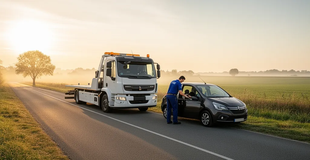 Scène montrant un véhicule assisté par une dépanneuse sur une route française avec sécurité et professionnalisme