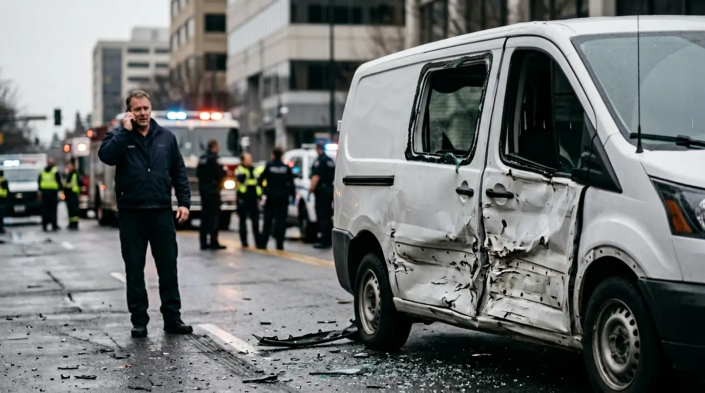 Un véhicule professionnel accidenté sur une route avec un entrepreneur au téléphone en arrière-plan