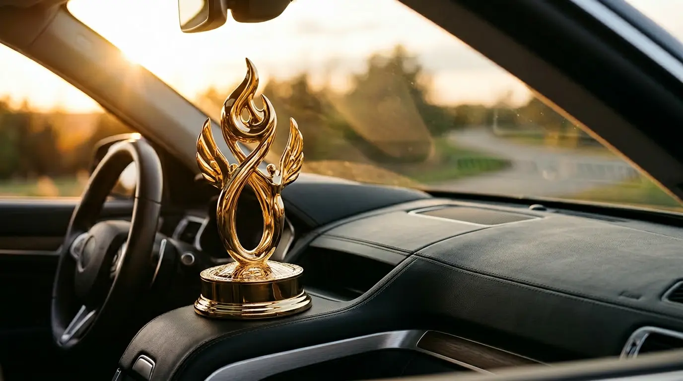 Trophée doré symbolisant le bonus 50% en assurance automobile posé sur un tableau de bord élégant