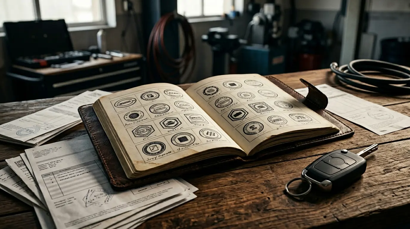 Carnet d'entretien automobile ouvert avec tampons officiels et factures organisées sous un éclairage professionnel