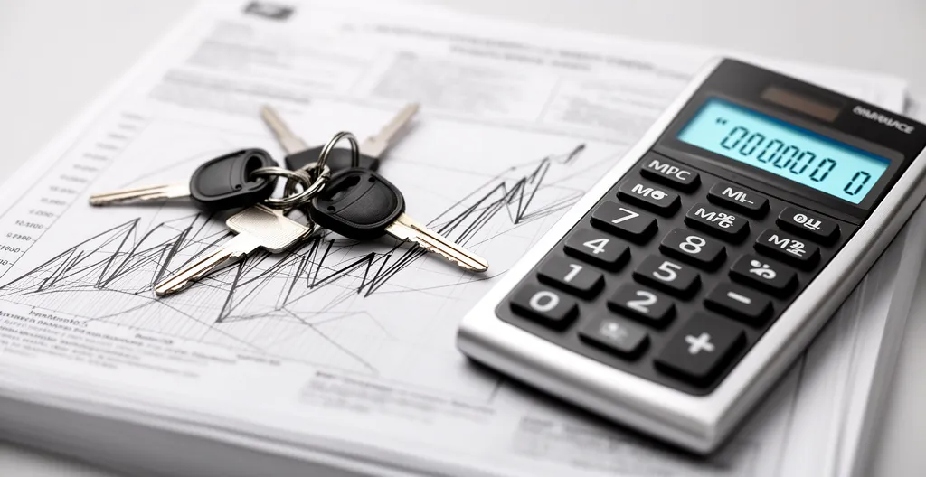 Clés de voiture posées sur documents d'assurance avec calculatrice montrant des montants croissants