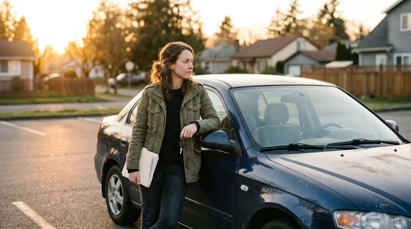 Conducteur réfléchissant devant une voiture ancienne avec des documents financiers