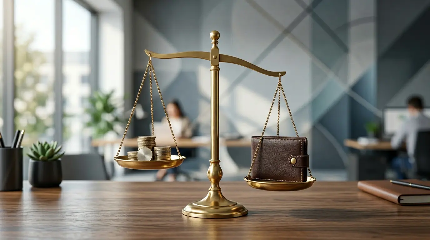 Illustration montrant une balance équilibrée entre des pièces et un calendrier pour représenter le choix entre paiement mensuel et annuel