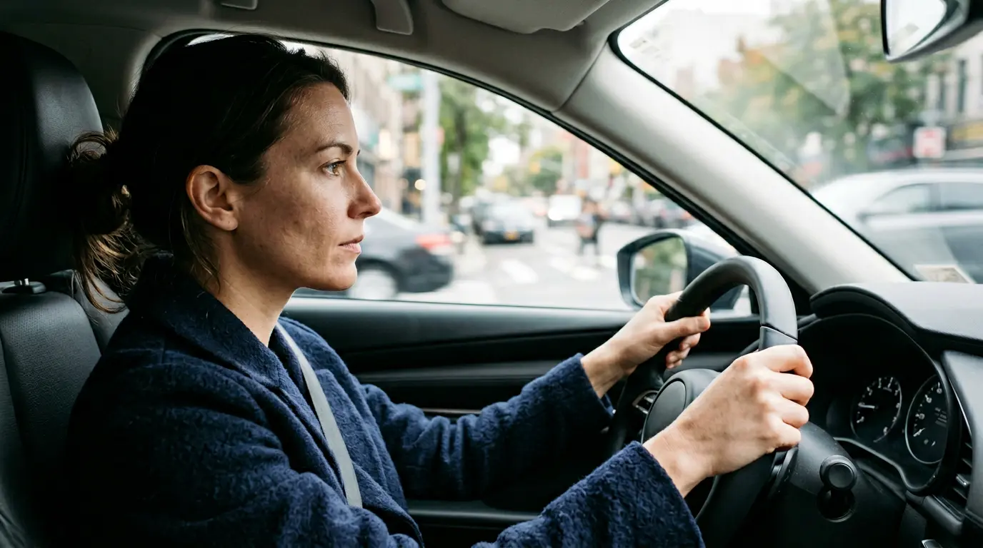 Conducteur concentré au volant dans un environnement urbain, illustrant une conduite responsable et attentive