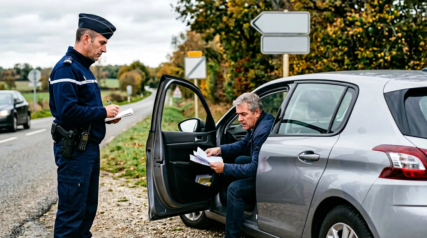 Contrôle routier vérifiant l'assurance d'un conducteur sur une route française