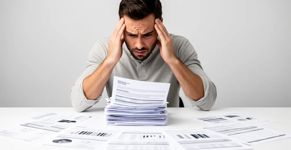 Conducteur stressé consultant des documents d'assurance dans un bureau avec une voiture en arrière-plan