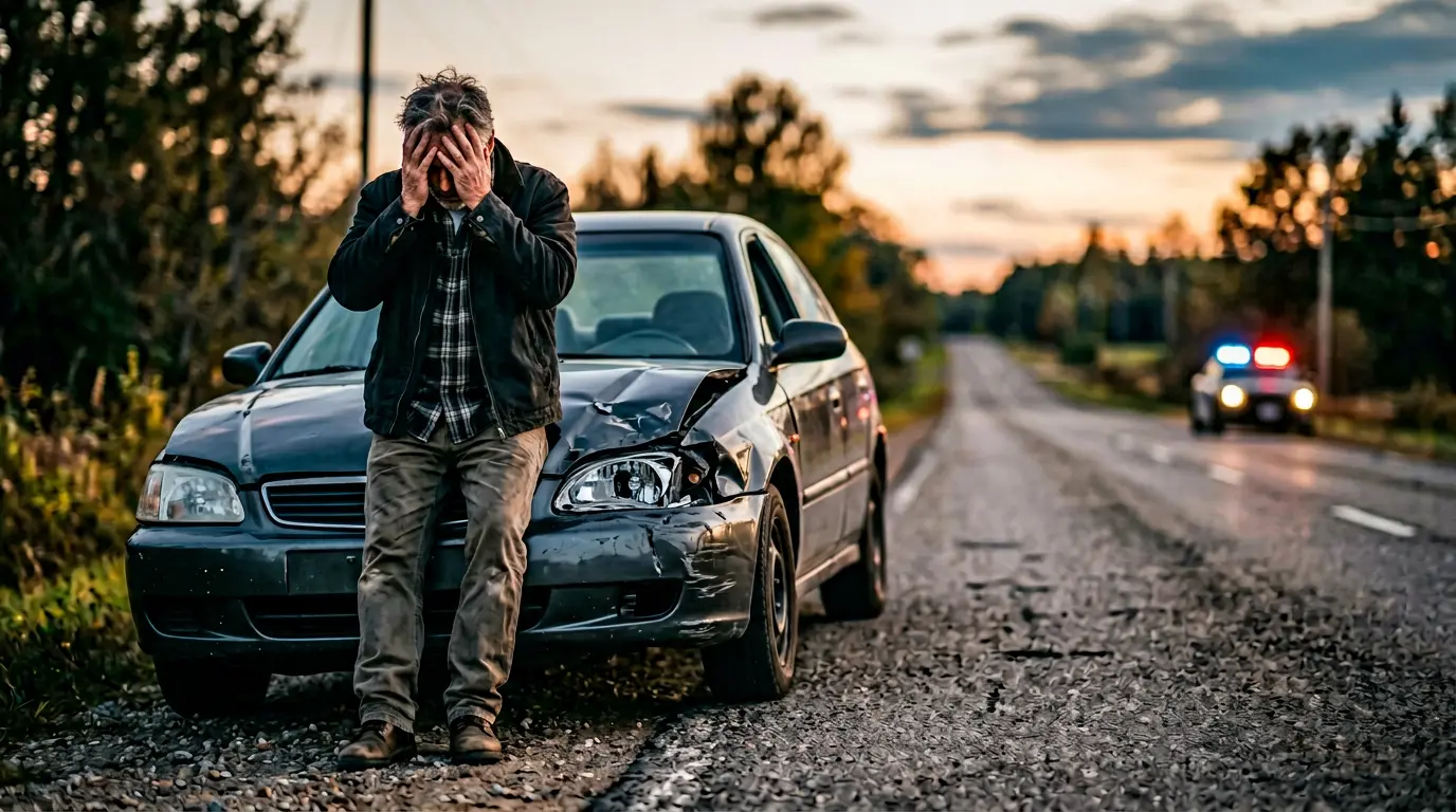 Un automobiliste regardant son véhicule endommagé sur le bord d'une route, exprimant l'inquiétude face aux conséquences juridiques et financières d'un accident
