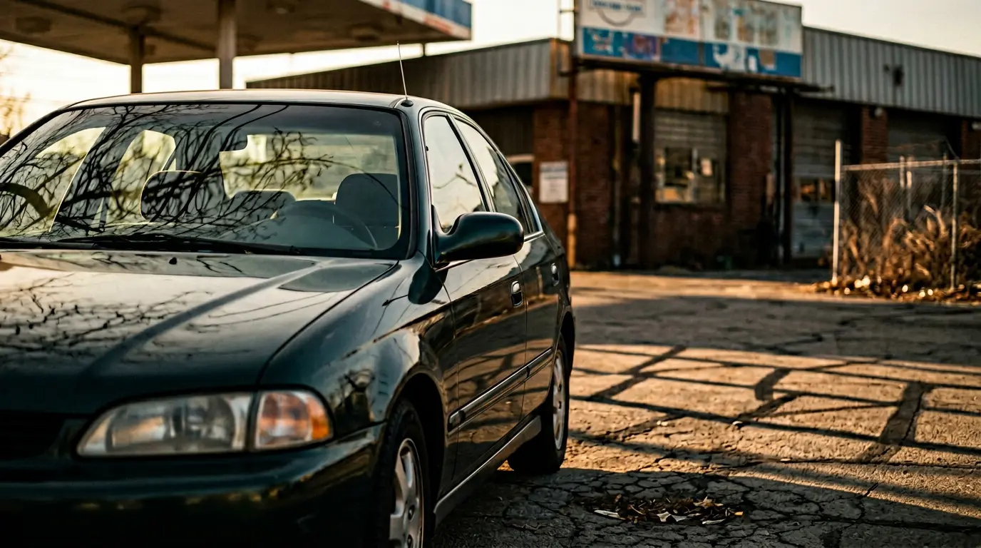 Voiture immobilisée avec un panneau de contrôle technique et des papiers d'assurance floutés