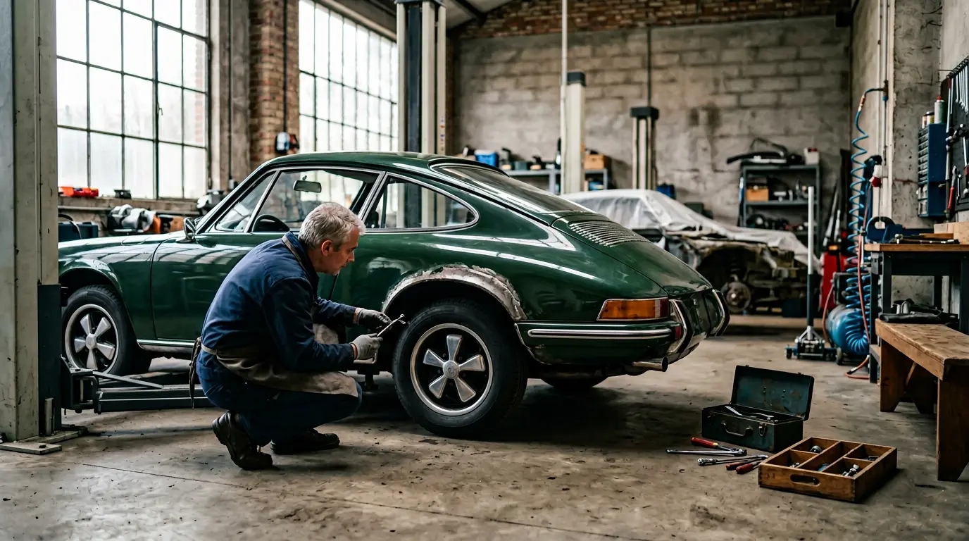 Expert automobile examinant une voiture de collection dans un garage spécialisé