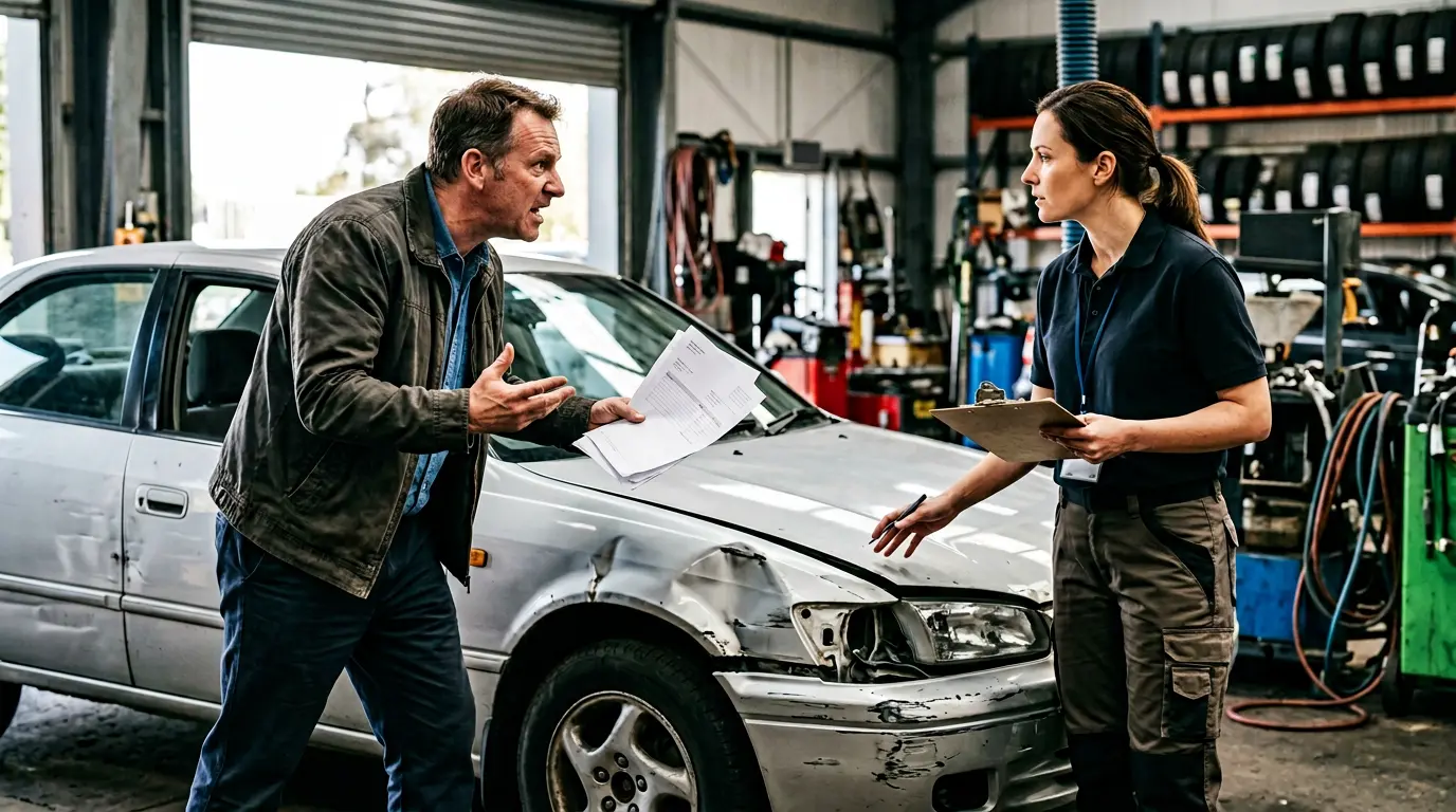 Expert automobile évaluant un véhicule accidenté avec un propriétaire tenant des documents