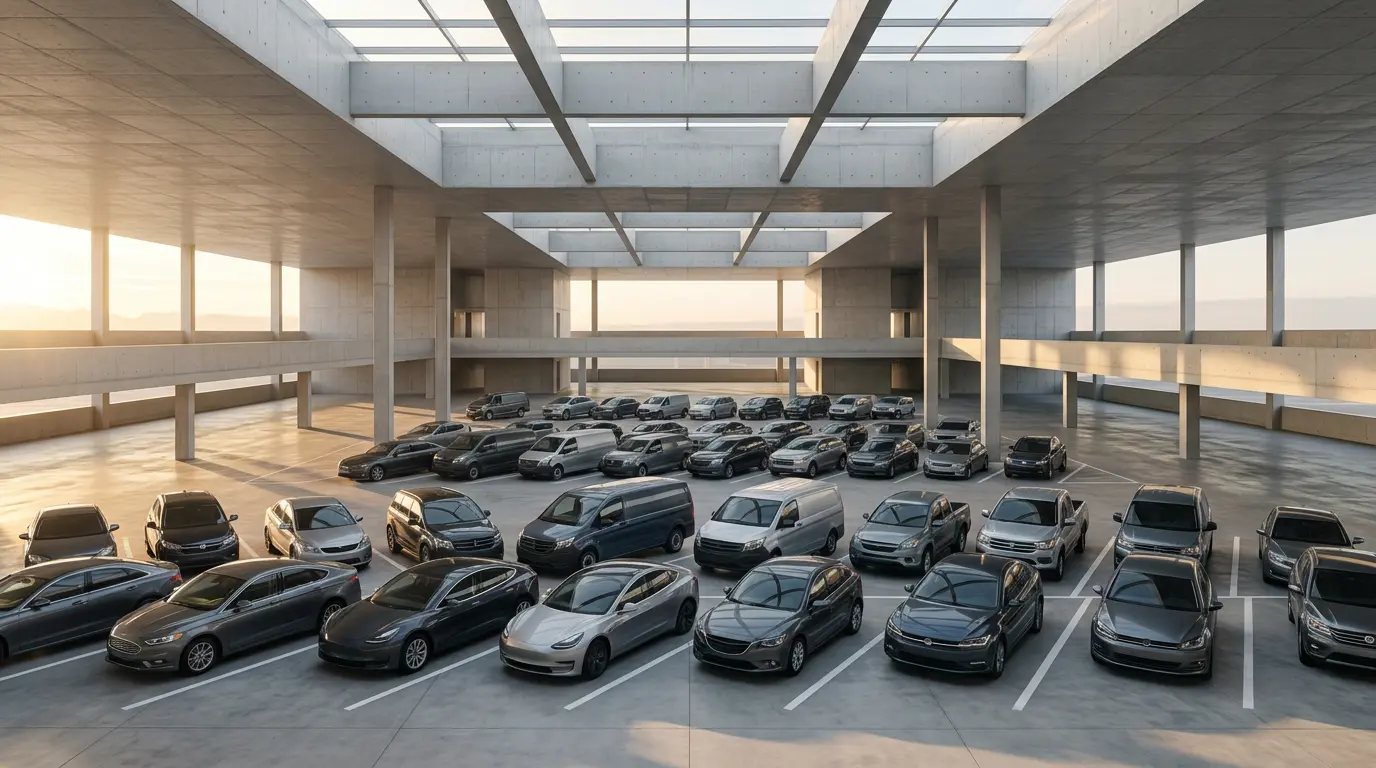 Parc automobile d'entreprise avec véhicules professionnels alignés