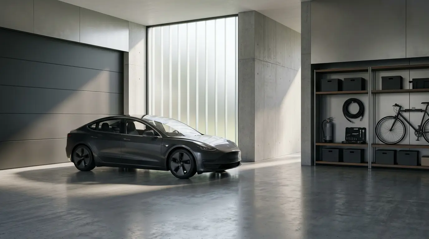 Vue intérieure d'un garage moderne avec voiture garée en toute sécurité