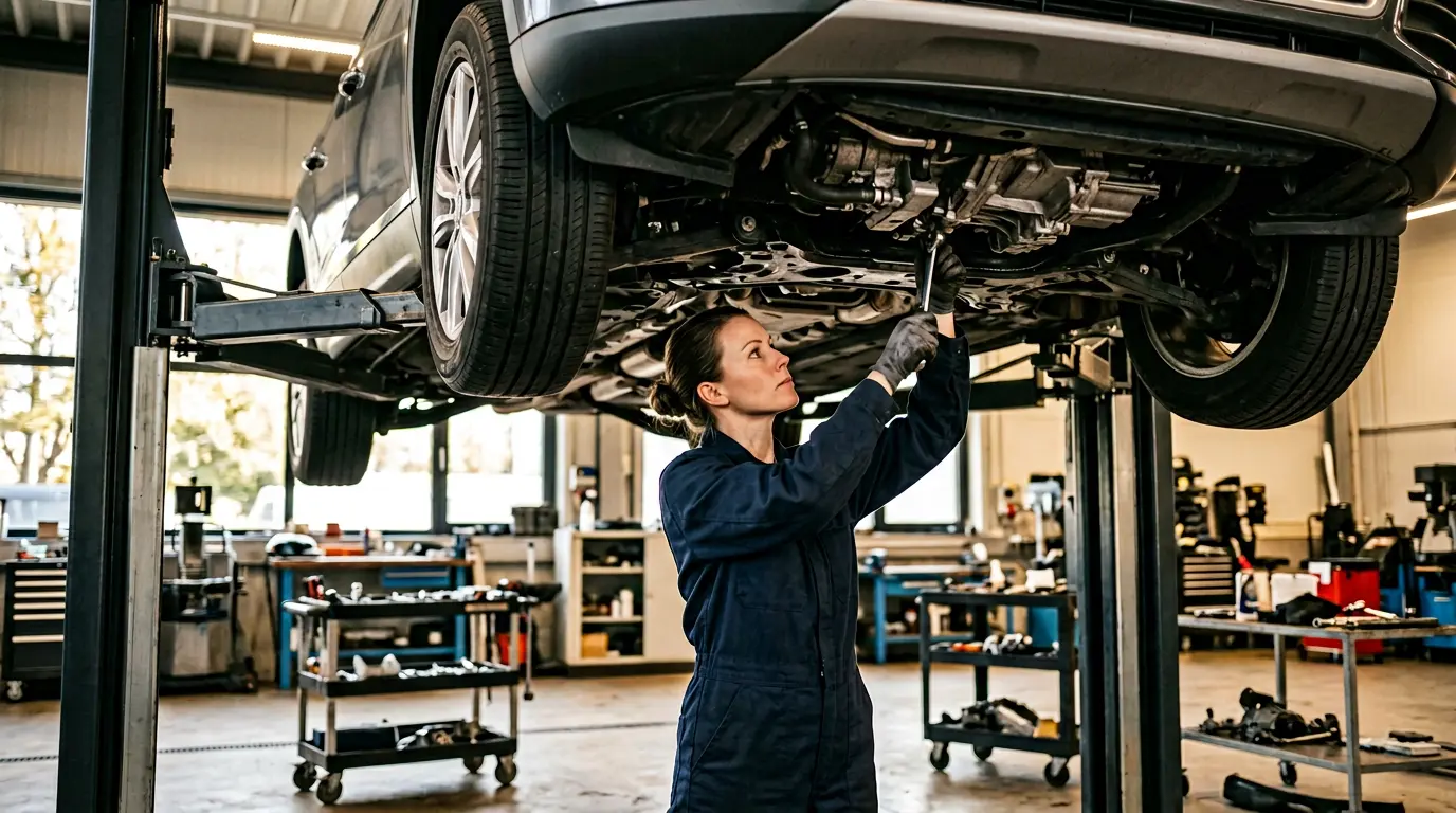 Mécanicien automobile travaillant sous un véhicule avec des outils de diagnostic moderne