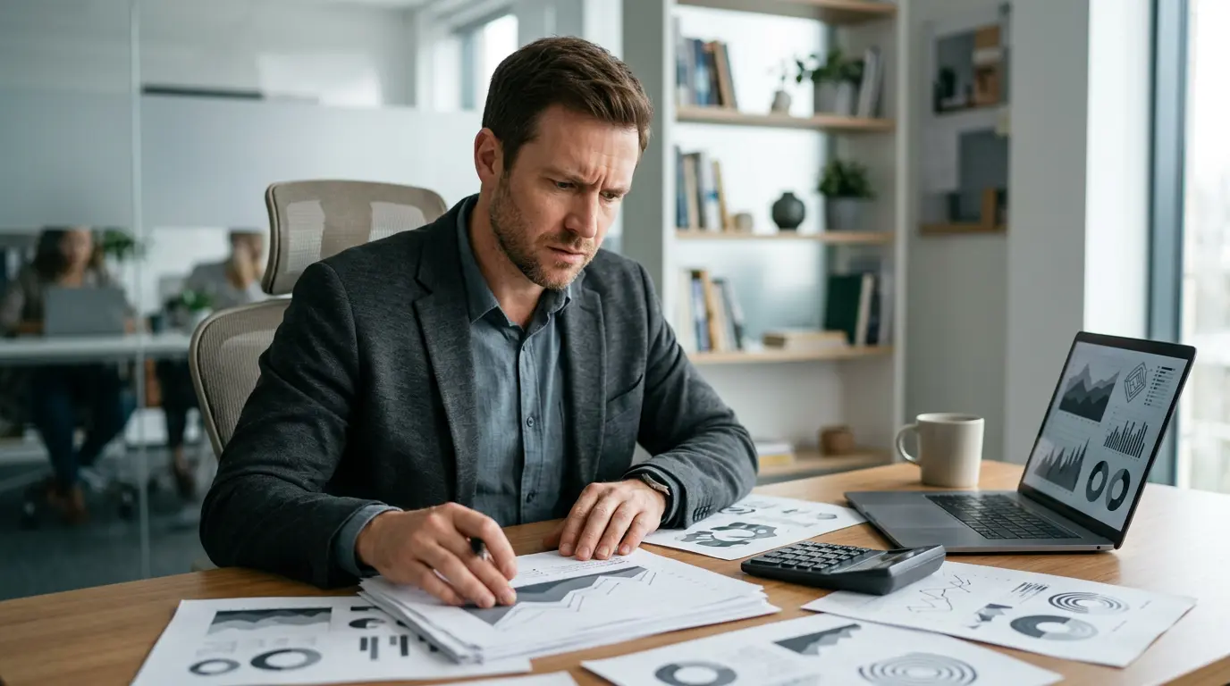 Professionnel indépendant analysant ses documents financiers dans un bureau moderne avec calculatrice et ordinateur
