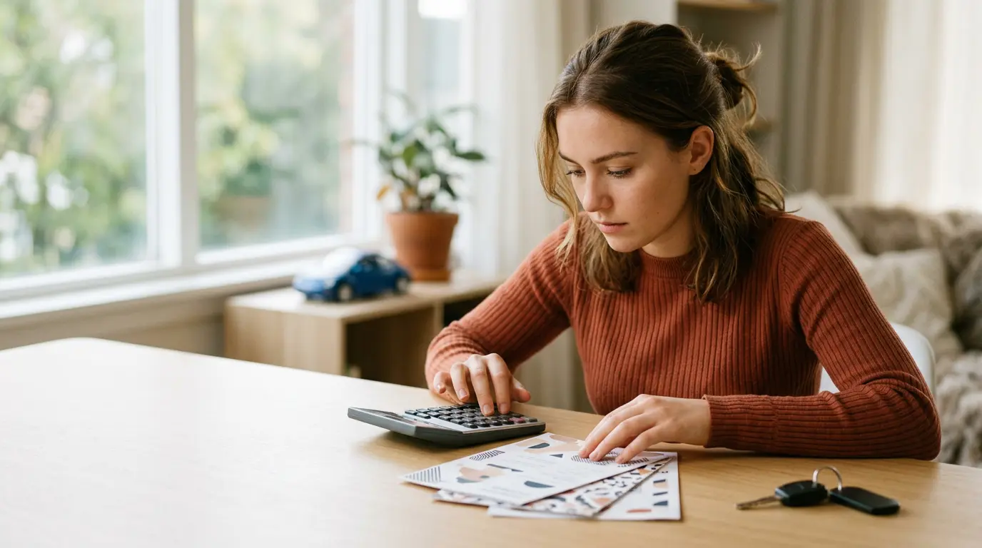 Jeune conducteur calculant ses économies d'assurance automobile avec une calculatrice et des documents