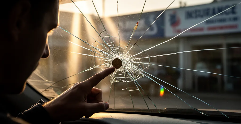 Pare-brise fissuré avec conducteur analysant l'impact pour décider de la déclaration