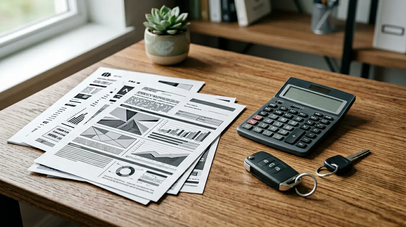 Documents d'assurance automobile organisés avec calculatrice et clés de voiture