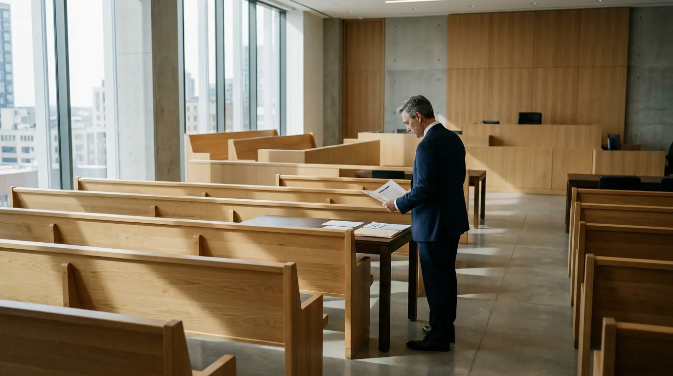 Salle d'audience moderne avec avocat consultant des documents, vue latérale en lumière naturelle