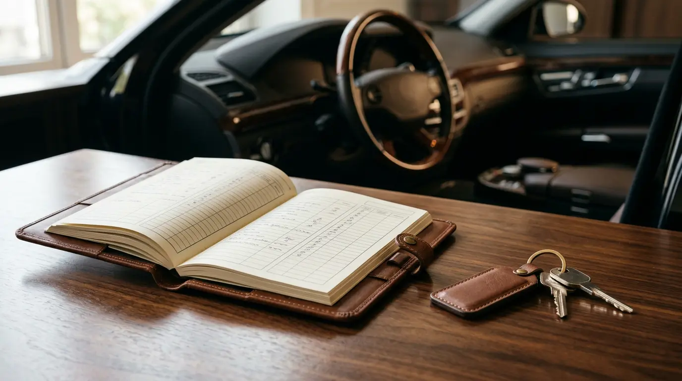 Carnet d'entretien automobile avec clés de voiture et tableau de bord flou en arrière-plan