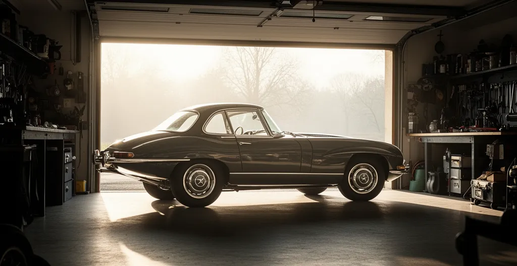 Voiture ancienne dans un garage de collectionneur avec outils d'entretien et ambiance vintage