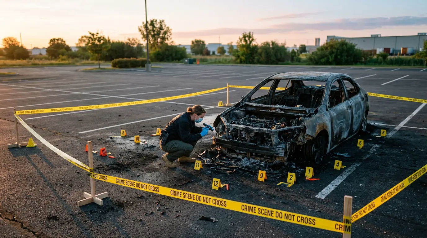 Scène d'investigation d'un véhicule incendié avec expert automobile et traces d'analyse technique