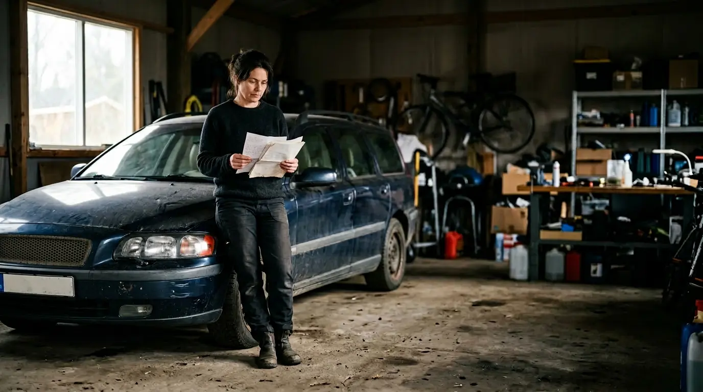 Voiture d'occasion de plus de 10 ans dans un garage avec propriétaire examinant des documents