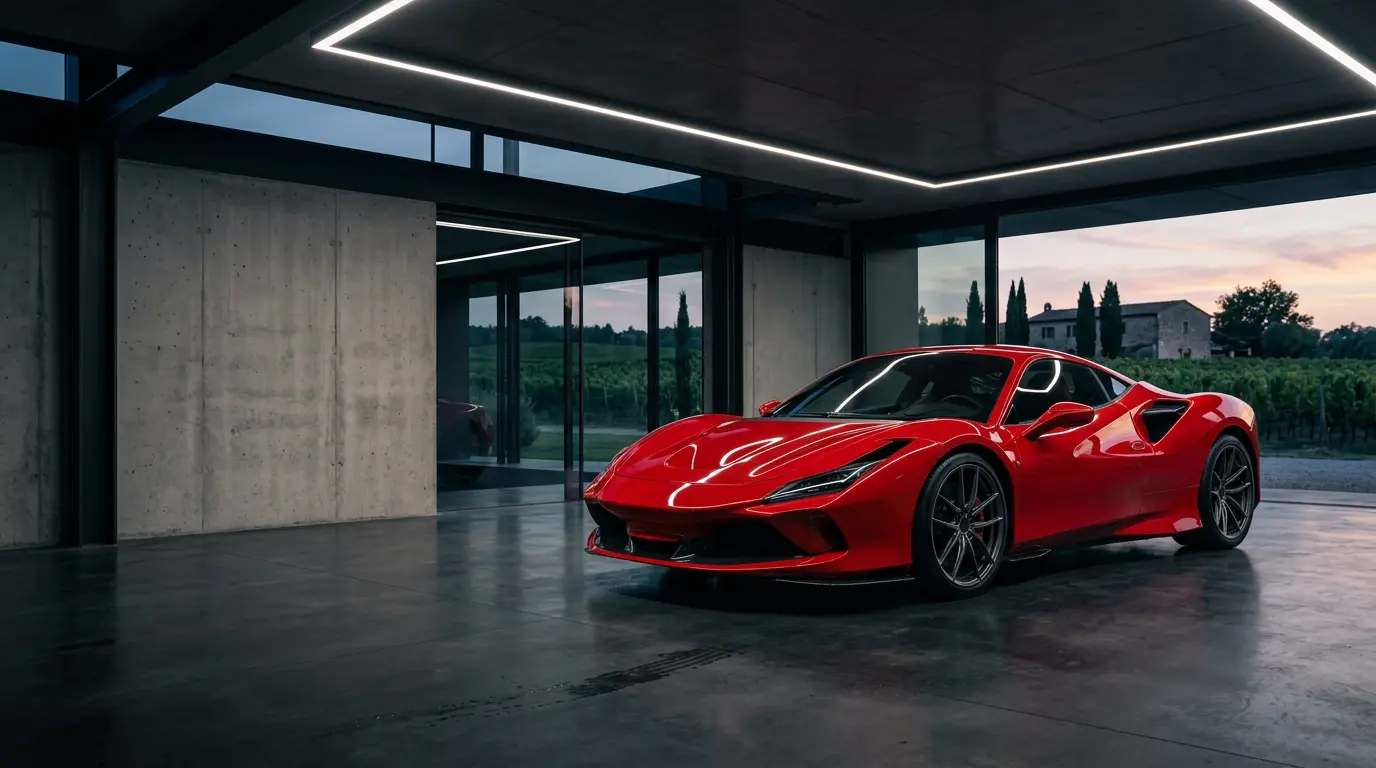 Vue d'une voiture de sport rouge dans un garage moderne et luxueux avec éclairage sophistiqué