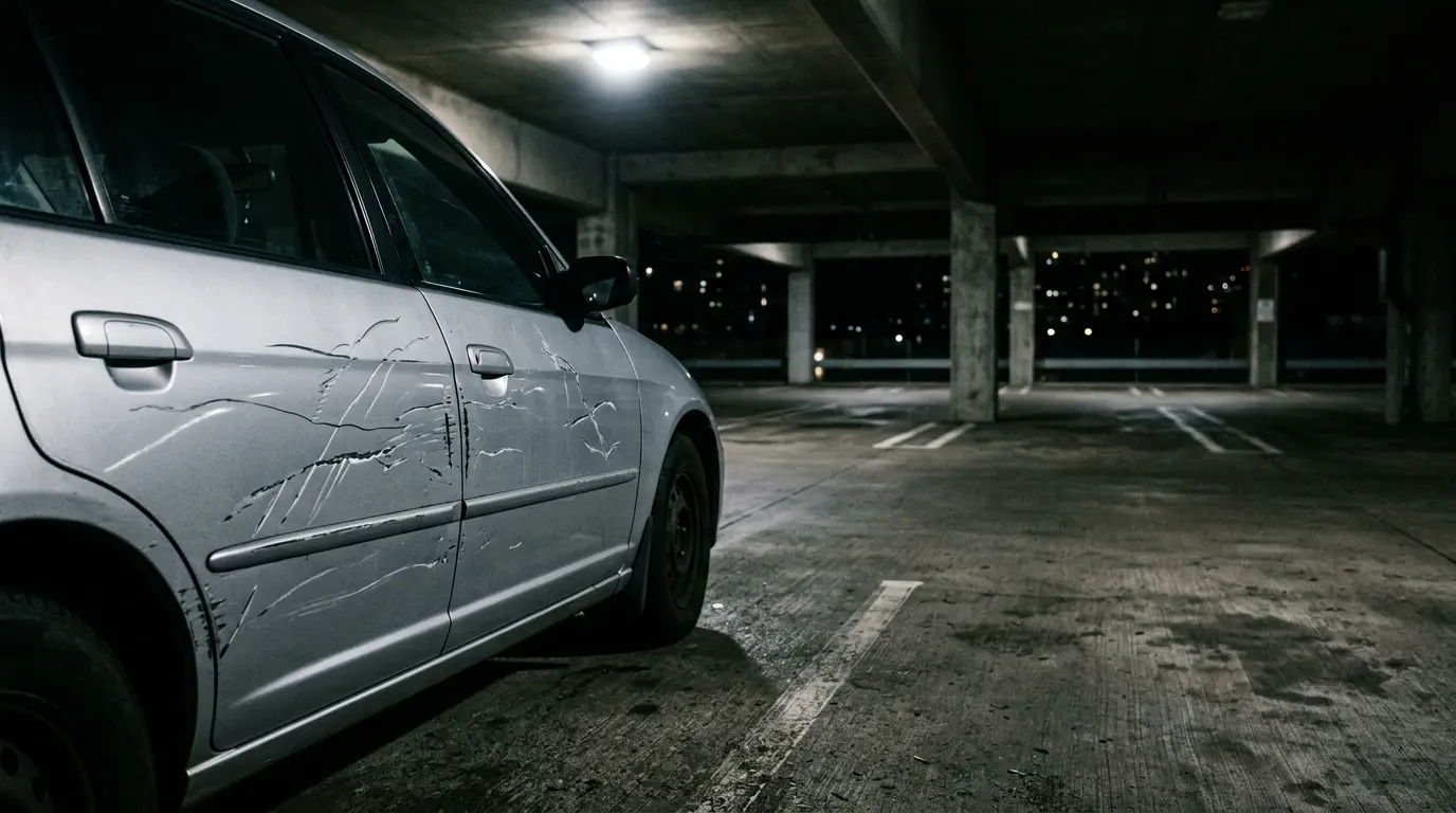 Voiture vandalisée avec rayures profondes dans un parking sombre