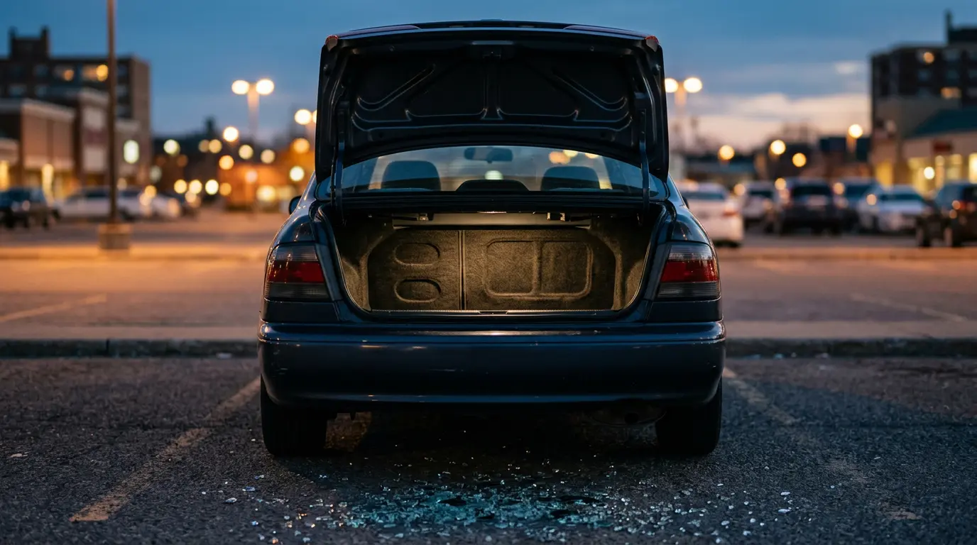 Vue rapprochée d'un coffre de voiture ouvert révélant un espace vide avec traces d'objets disparus