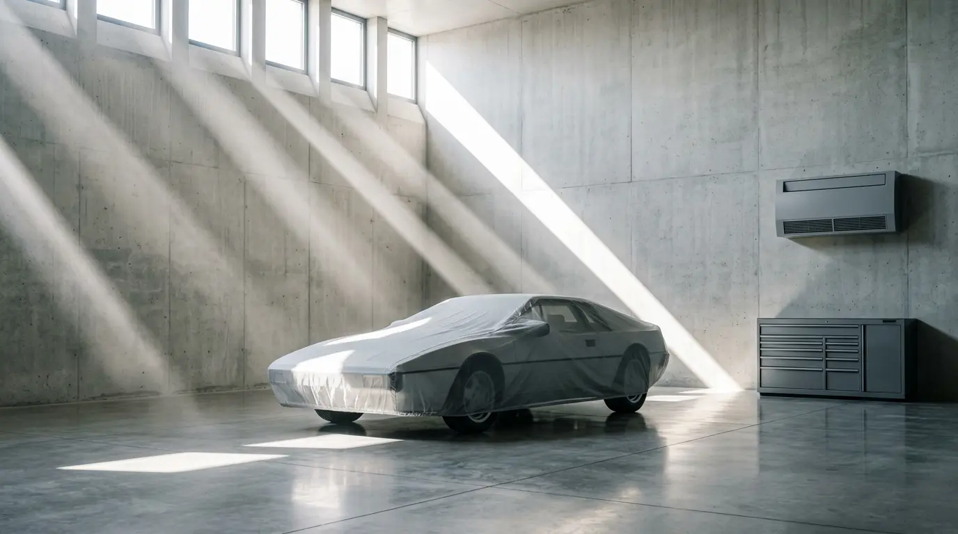 Voiture youngtimer dans garage sécurisé avec éclairage dramatique
