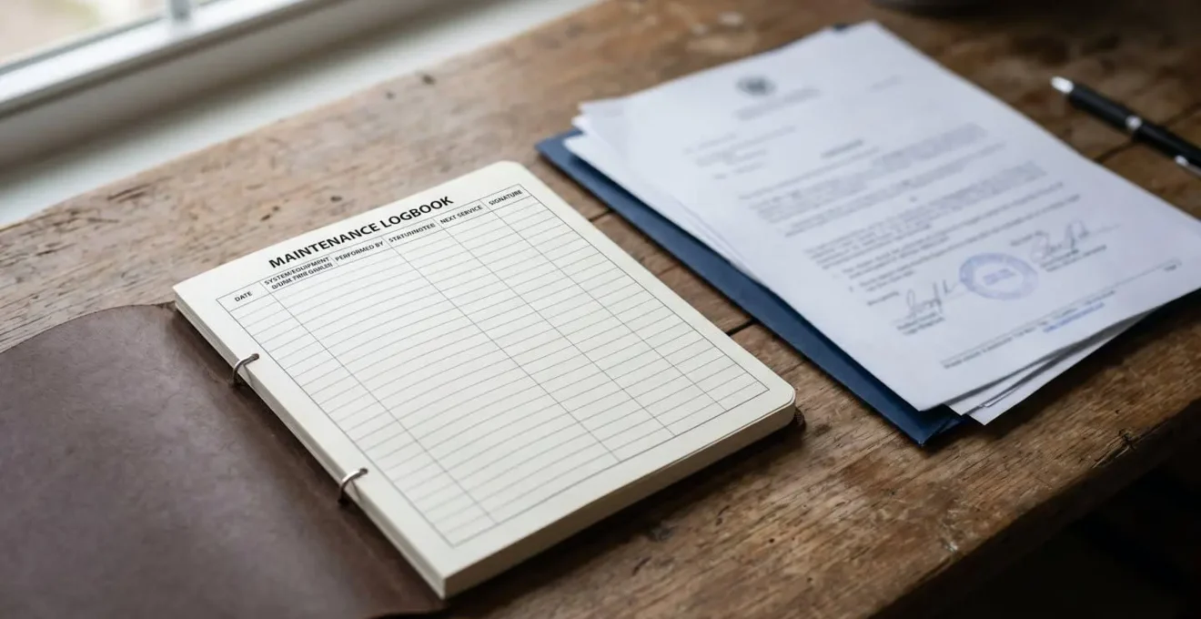 Composition minimaliste montrant un carnet d'entretien vide à côté de documents juridiques flous
