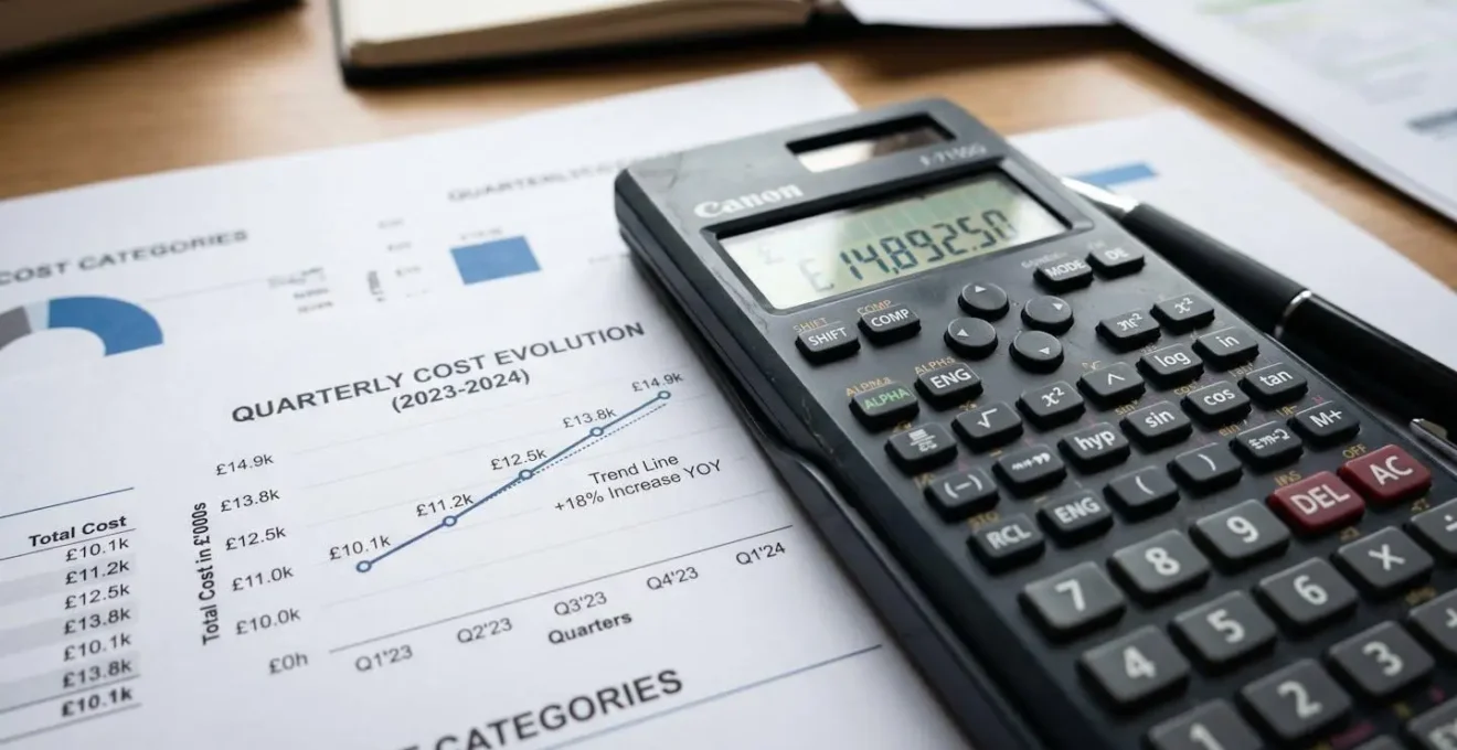 Vue macro de calculatrice et graphiques montrant l'évolution des coûts