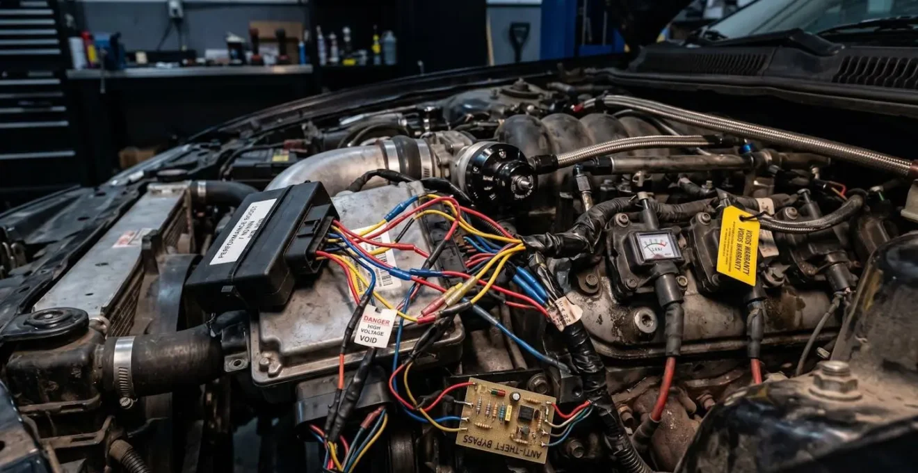 Gros plan sur un moteur de voiture avec des composants électroniques modifiés, suggérant une intervention technique risquée pour l'assurance.
