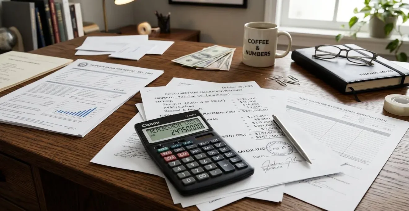 Bureau avec documents financiers et calculatrice montrant le calcul des coûts de remplacement