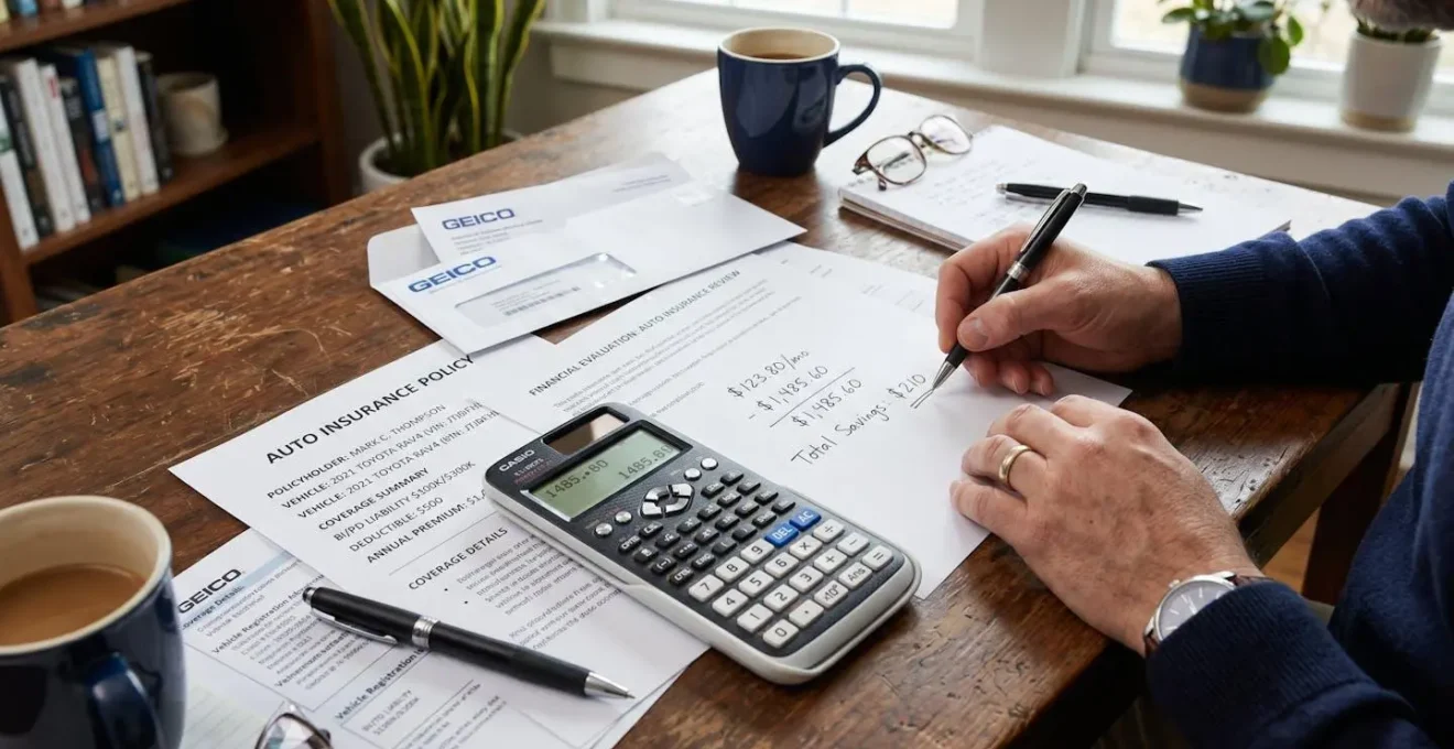 Calculatrice et documents d'assurance auto sur bureau pour évaluation financière