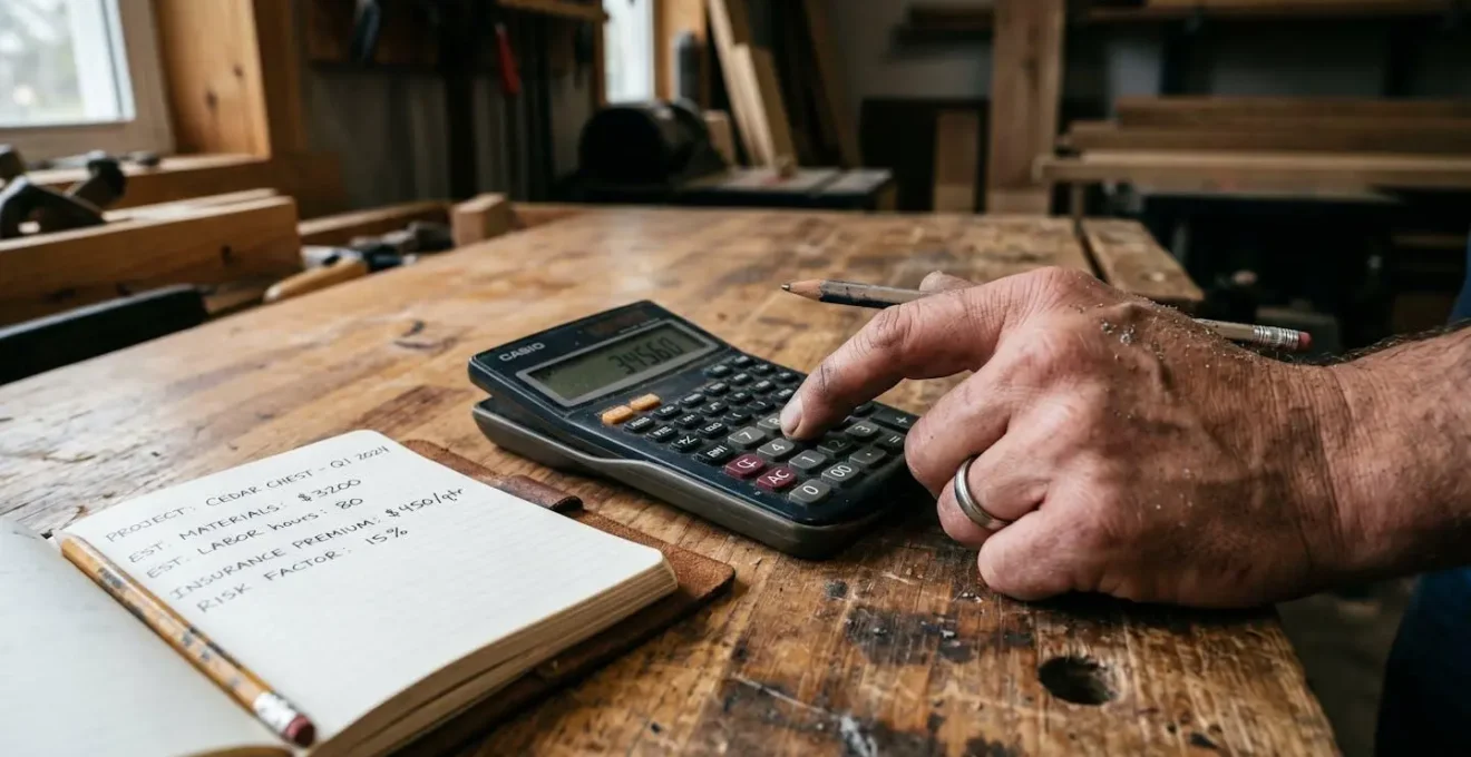 Main d'artisan effectuant des calculs de rentabilité d'assurance sur une calculatrice