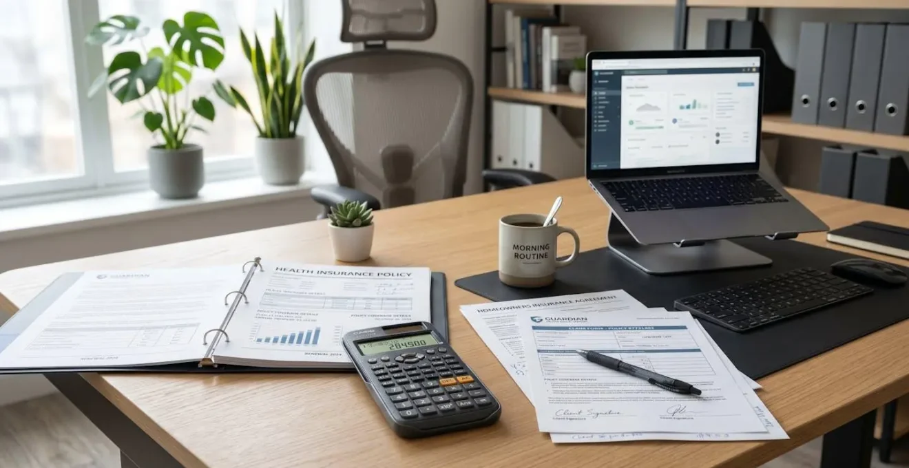 Calculatrice et documents d'assurance sur bureau moderne