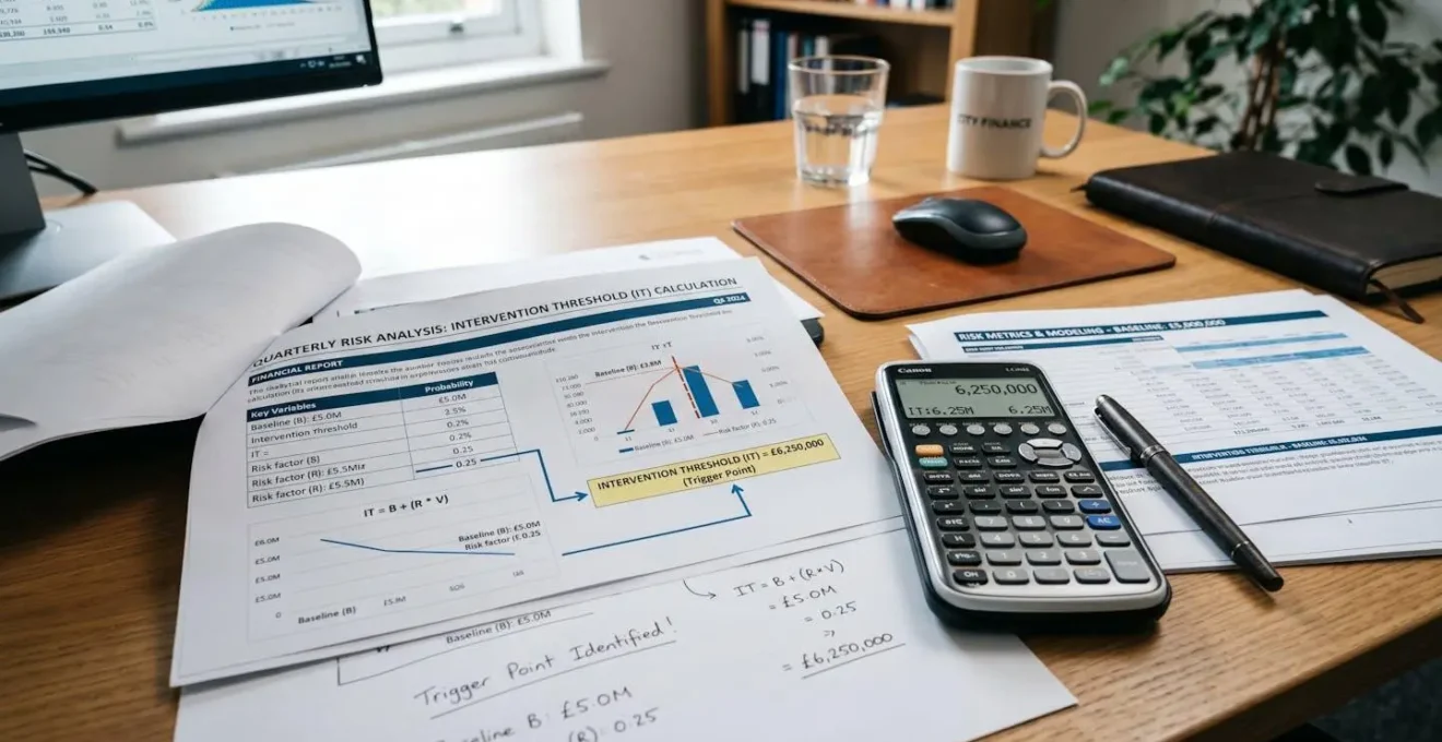 Calculatrice et documents financiers sur bureau professionnel, illustrant le calcul du seuil d'intervention