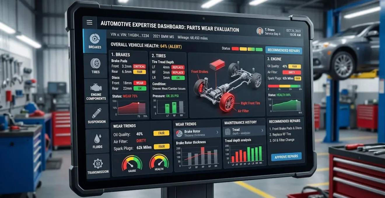 Tableau de bord d'expertise automobile montrant l'évaluation de l'usure des pièces