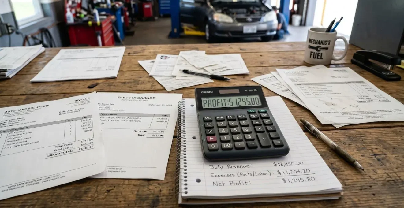 Table de travail avec factures de réparation automobile et calculatrice montrant des calculs de plus-value