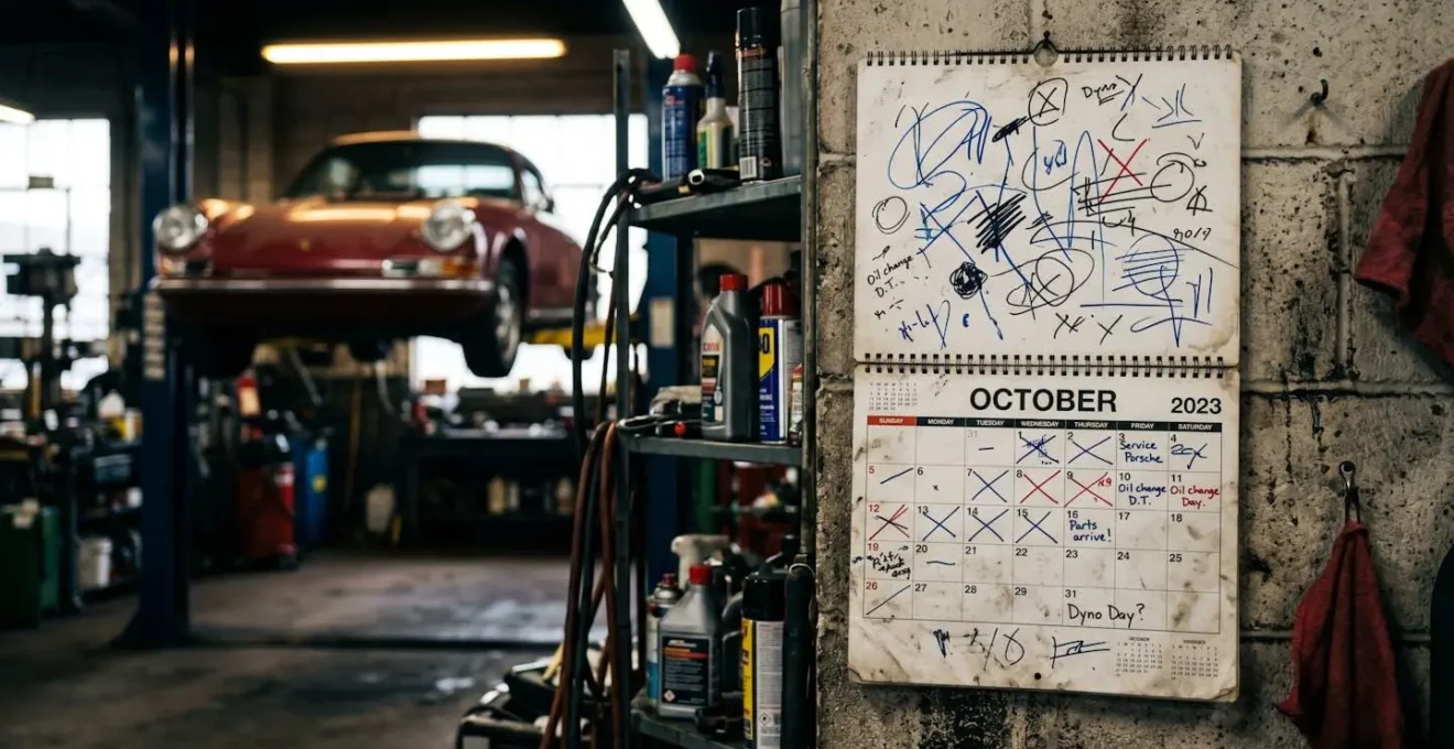 Calendrier avec marques abstraites et véhicule flou en arrière-plan dans un garage